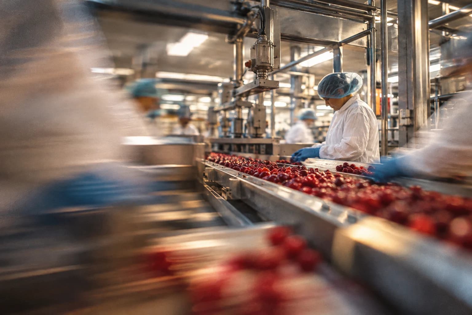 Opératrice contrôlant des fruits rouges sur une chaîne de tri agroalimentaire
